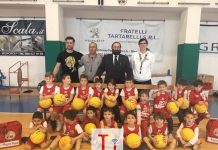 Un canestro con il Barone, che regala uova di pasqua ai cestisti dell’AP Un canestro con il Barone