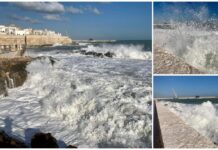 Monopoli, onde alte quasi 2 metri. Incanta la mareggiata d’inverno
