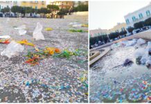 Monopoli, così la piazza e la fontana dopo la festa di Carnevale. Brescia: “Ci si può divertire essendo più civili?”
