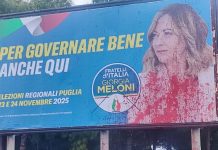 Monopoli, manifesto della Meloni imbrattato con vernice rossa. FdI: “Gesto intimidatorio”