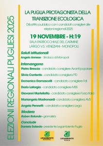 Locandina incontro candidati Regione Puglia Monopoli 19 11 2025